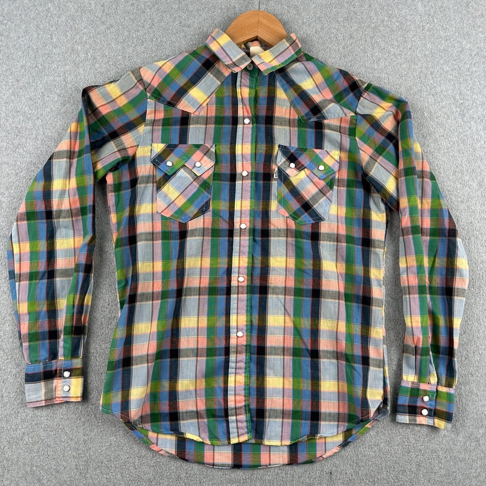 Levi Strauss Shirt Womens M Multi Color Plaid Western Pearl Snap Long Sleeve